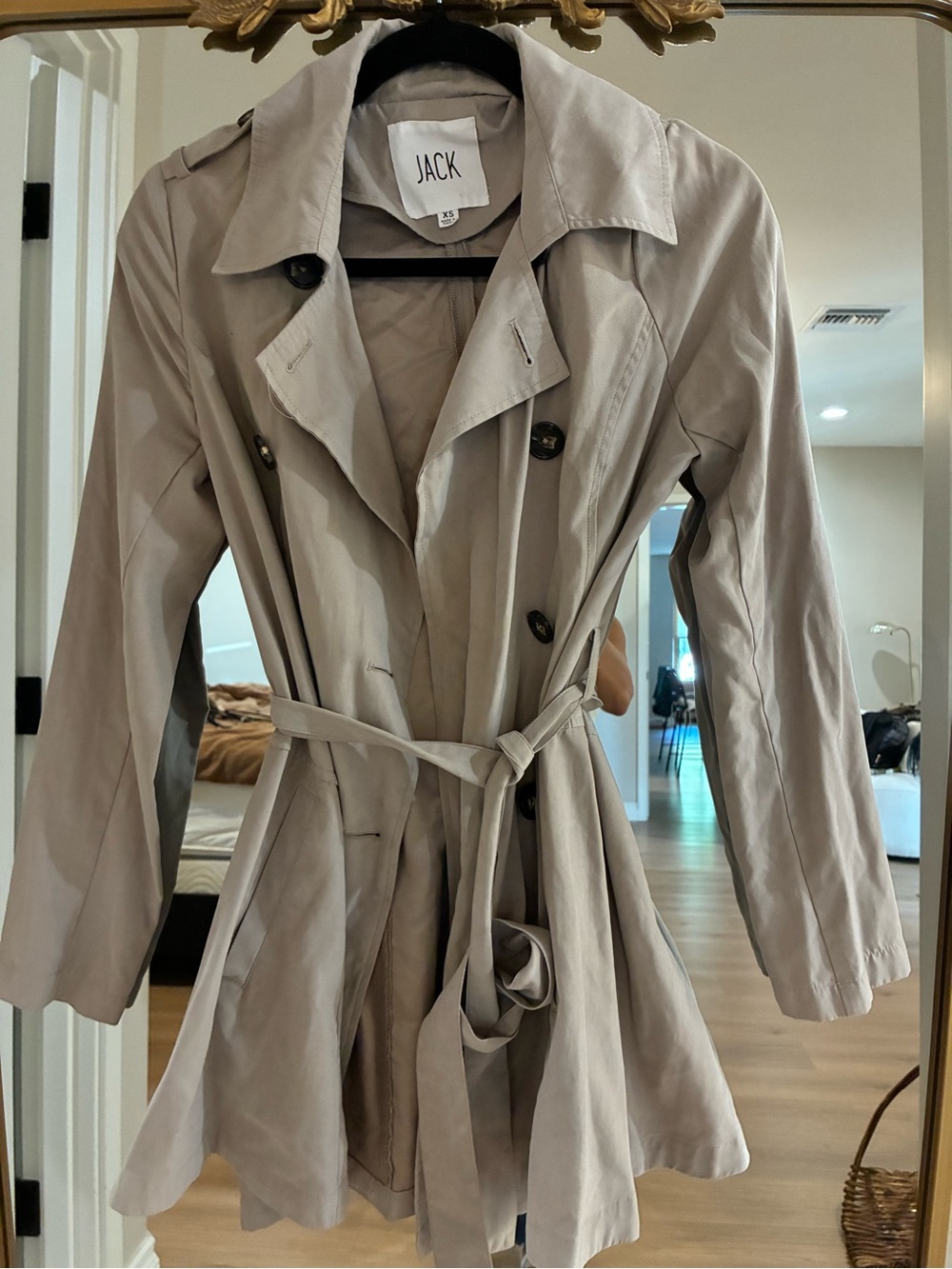 Jack by BB Dakota Light Taupe Double-Breasted Trench Coat with Belt